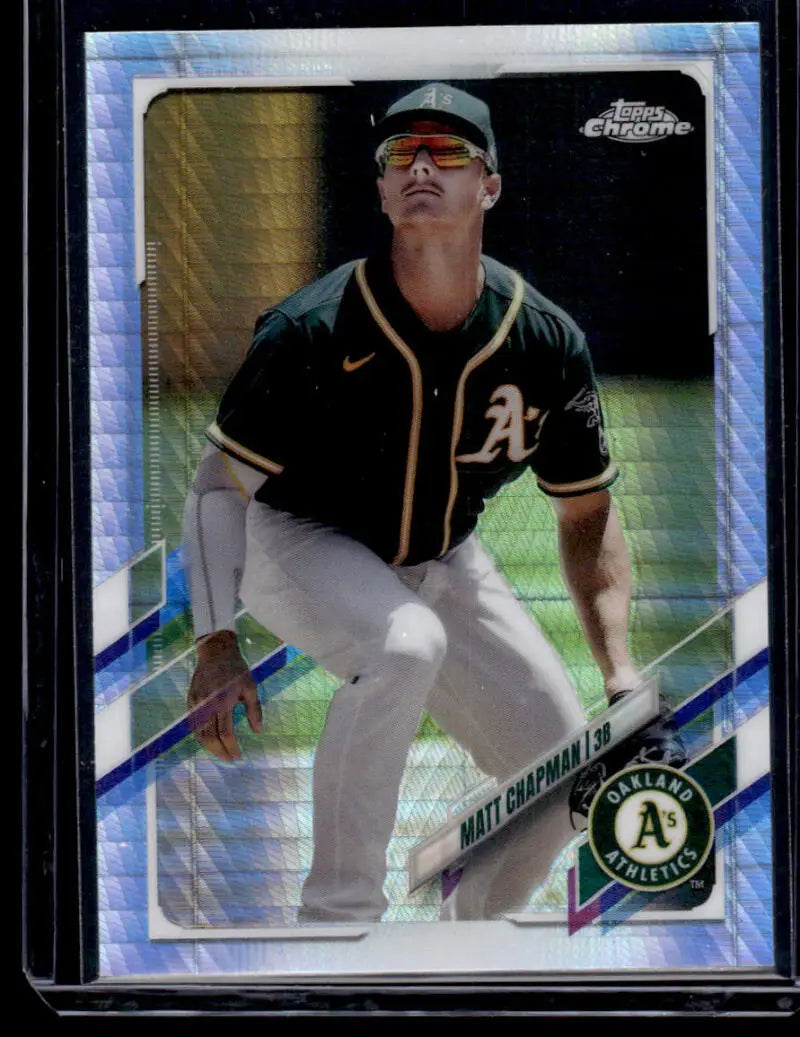 Baseball card of Oakland Athletics player in green and white, Topps Chrome Refractor Prism