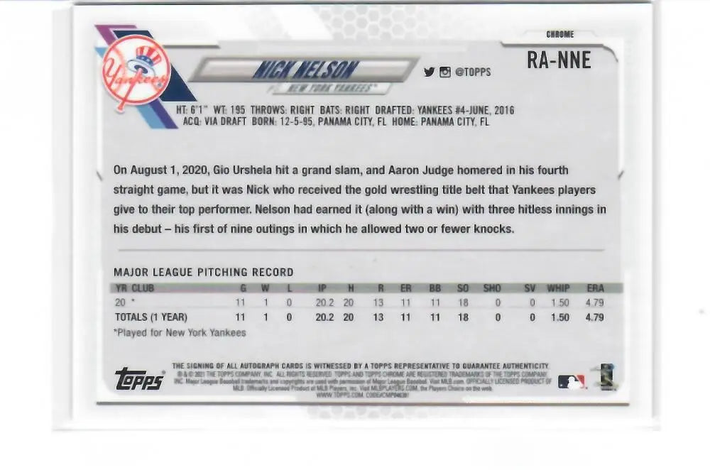 Nick Nelson 2021 Topps Chrome Rookie Autographs New York Yankees Baseball Card