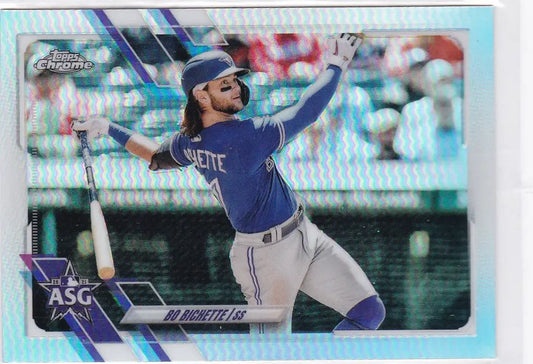 Baseball player in blue uniform pitching, featured in Topps Chrome Update Bichette Insert Toronto