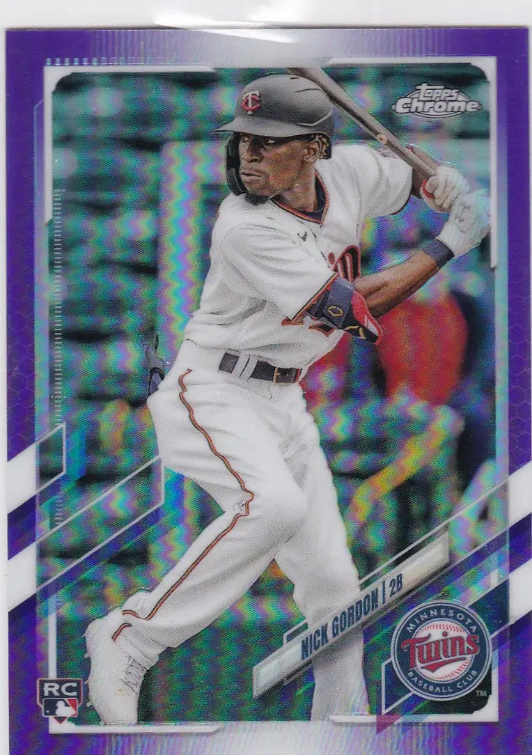 Purple-bordered Topps Chrome card of Gordon RC Minnesota Twins batting USC16 Purple Nick Gordon