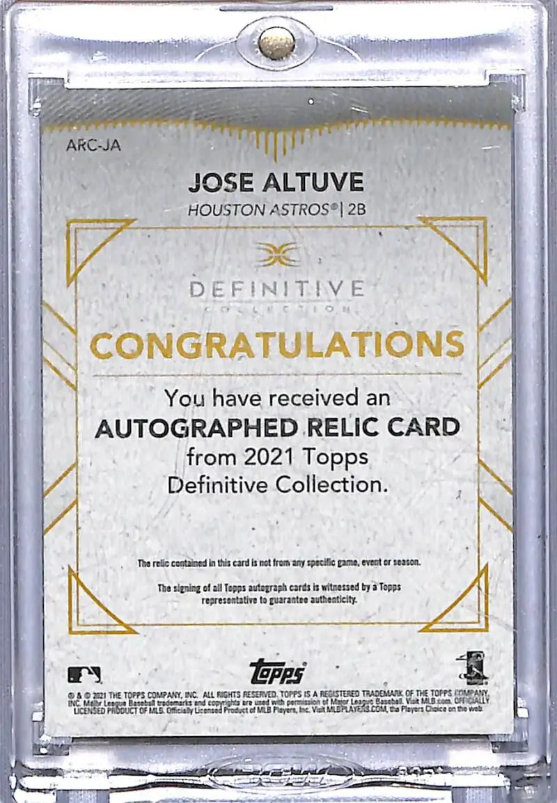 Jose Altuve autographed jumbo relic card from 2021 Topps Definitive Jumbo collection