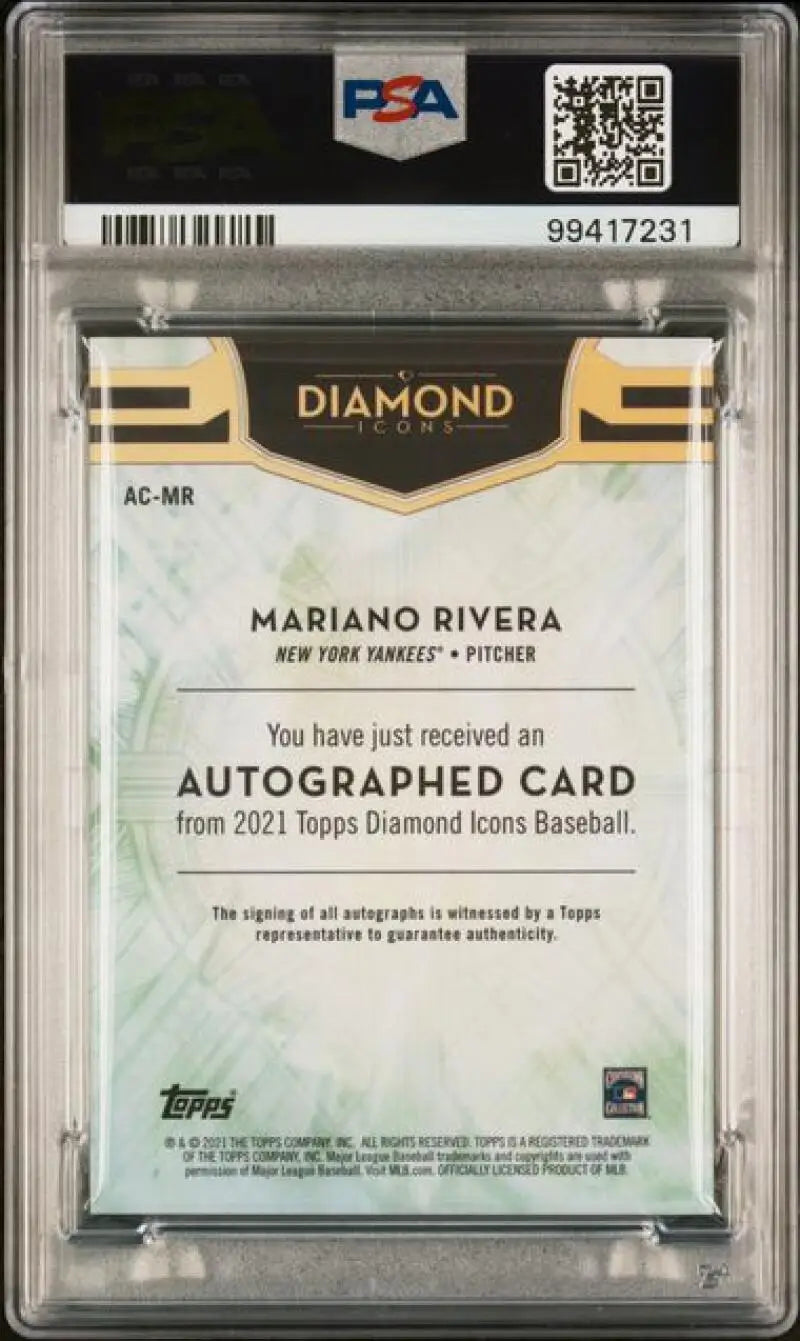 PSA-graded Mariano Rivera autographed baseball card in case from Topps Diamond Icons