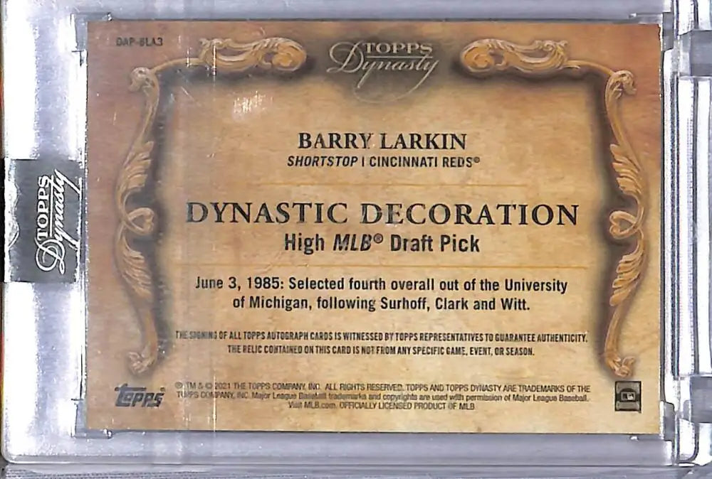 Baseball trading card featuring Barry Larkin of the Cincinnati Reds from Topps Dynasty Dynastic