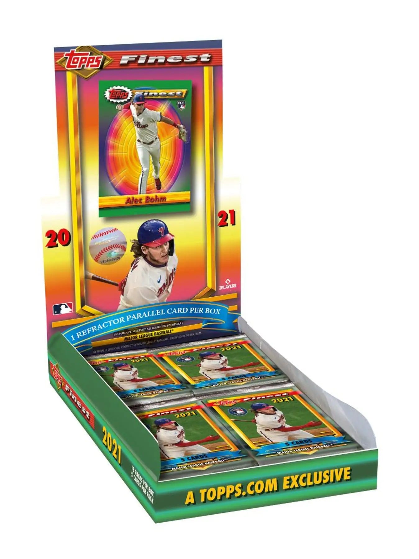 Box of 2021 Topps Finest baseball trading cards with refractor parallels in a hobby box