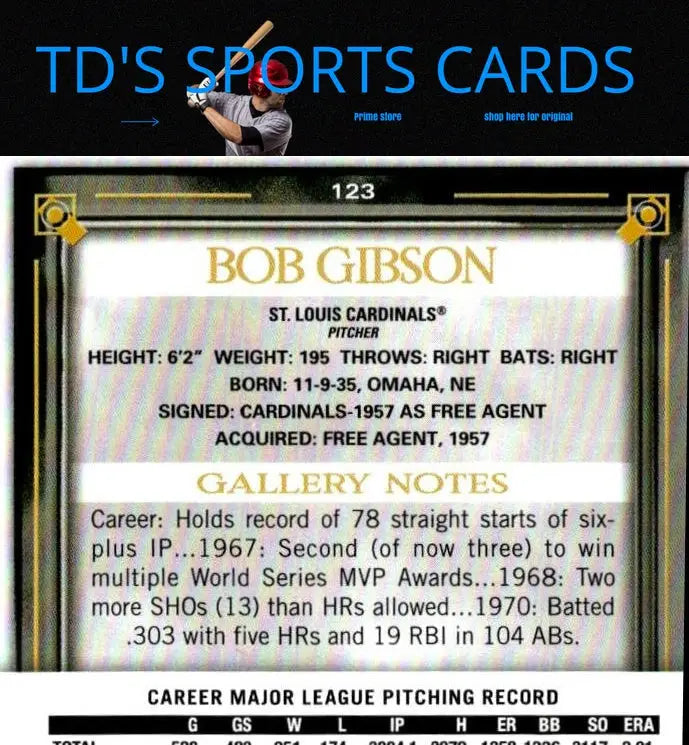 Bob Gibson baseball card from 2021 Topps Gallery #123 trading cards collection