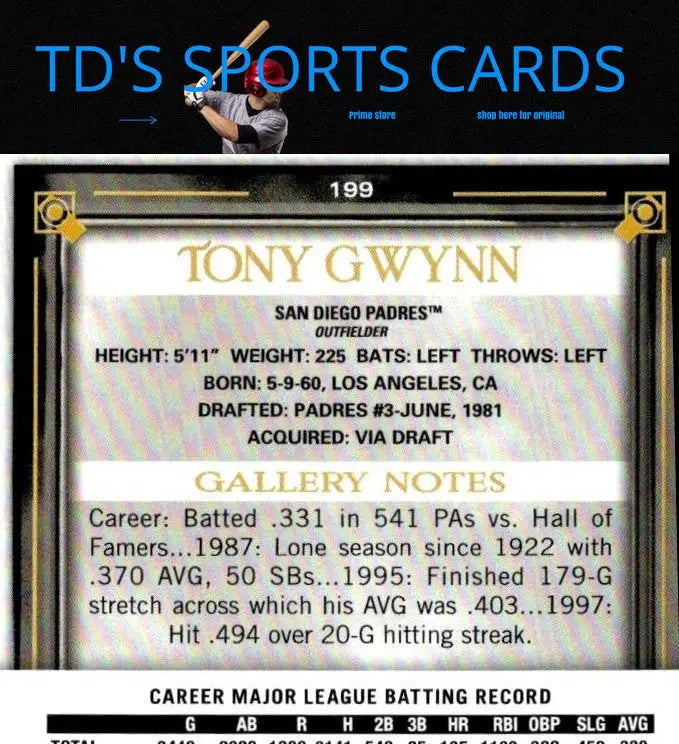 Tony Gwynn baseball card from 2021 Topps Gallery #199 trading cards collection