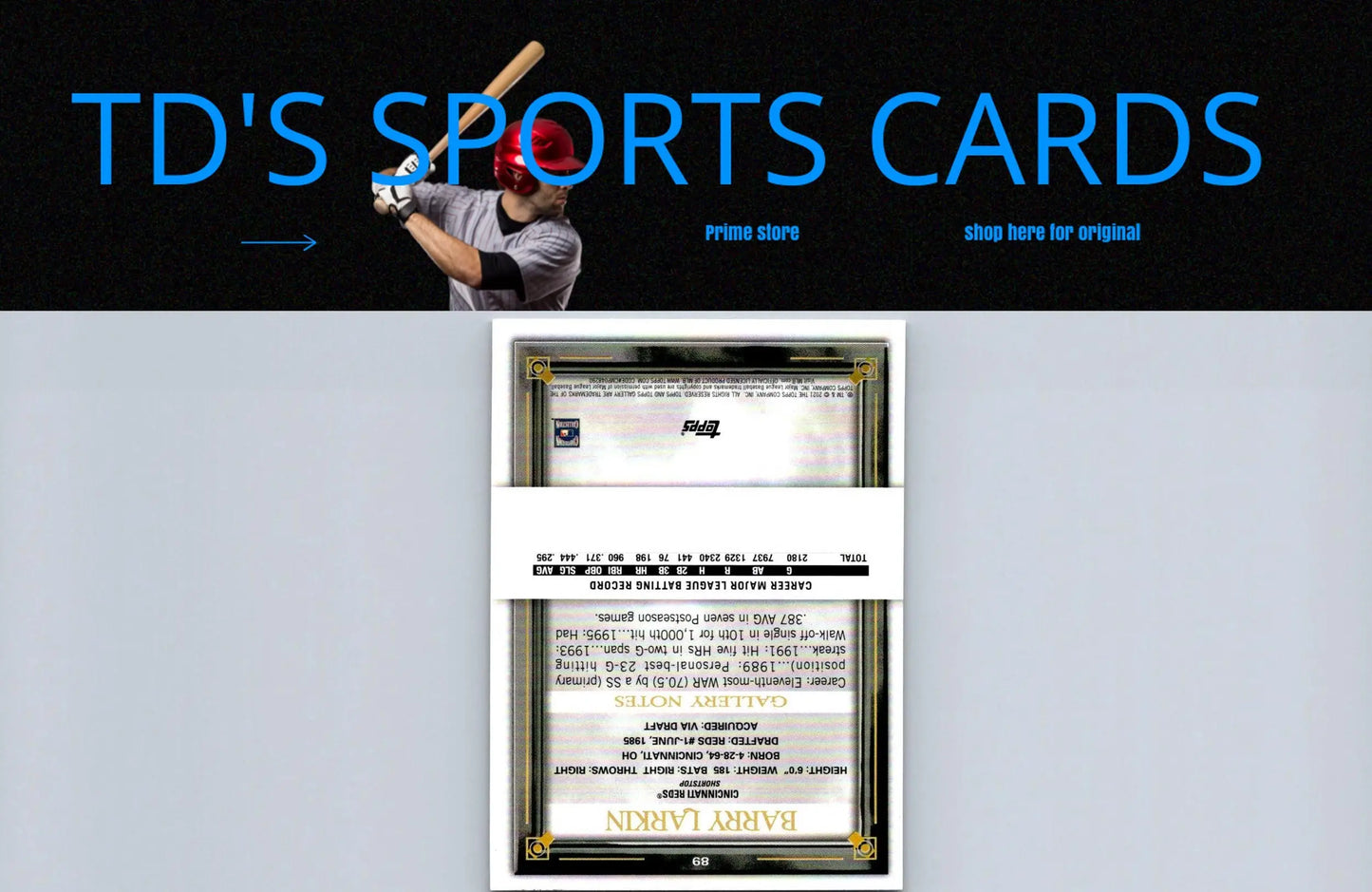Barry Larkin baseball card featuring the 2021 Topps Gallery #89 Larkin Printer Proof