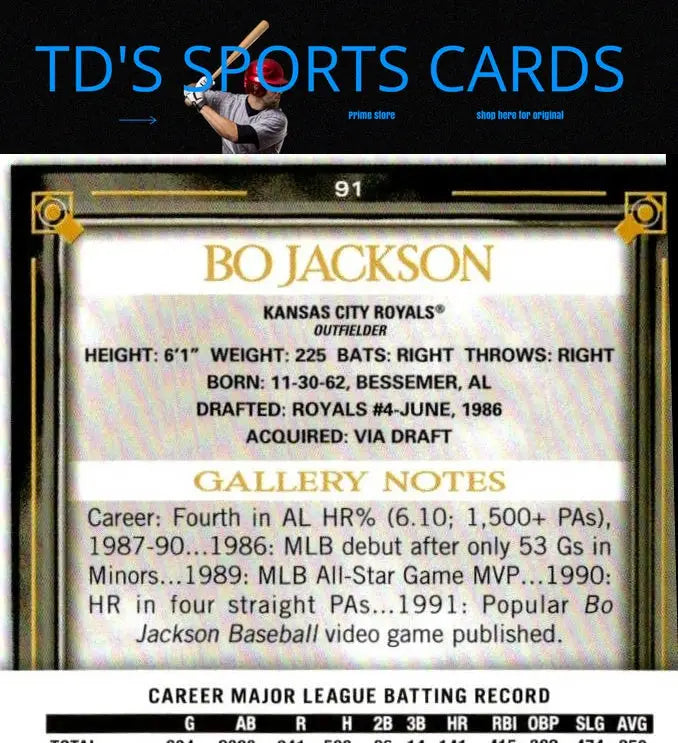 Bo Jackson baseball card from 2021 Topps Gallery #91 trading cards collection