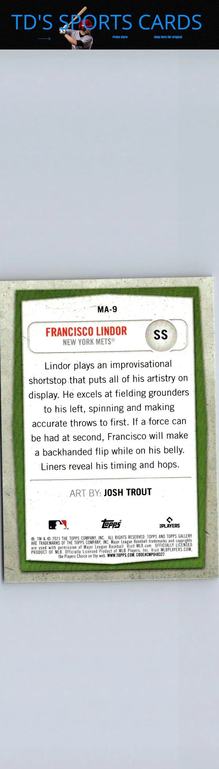 Baseball card back of 2021 Topps Gallery Francisco Lindor Modern Artists Green #/250