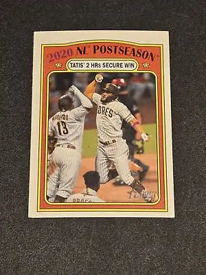 Baseball card from Topps Heritage 2021 showcasing Tatis with hrs secure win