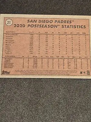 Baseball card statistics showcasing hrs secure win for 2021 Topps Heritage Tatis card