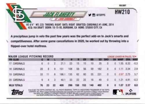 Baseball card featuring St. Louis Cardinals Jack Flaherty pitching statistics NM-MT condition