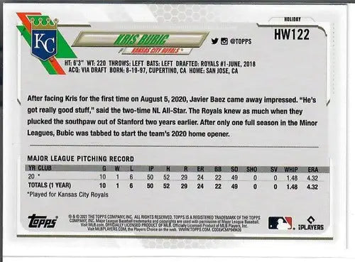 Back of 2021 Topps Holiday Mega Box Metallic Kris Bubic rookie card with player stats