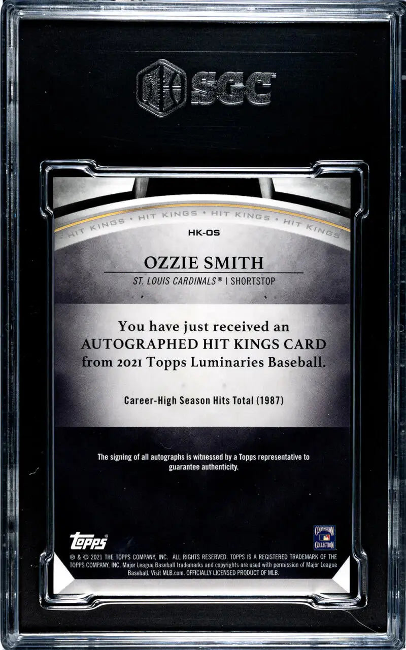 Back side of 2021 Topps Luminaries Hit Kings Ozzie Smith baseball card showing certification