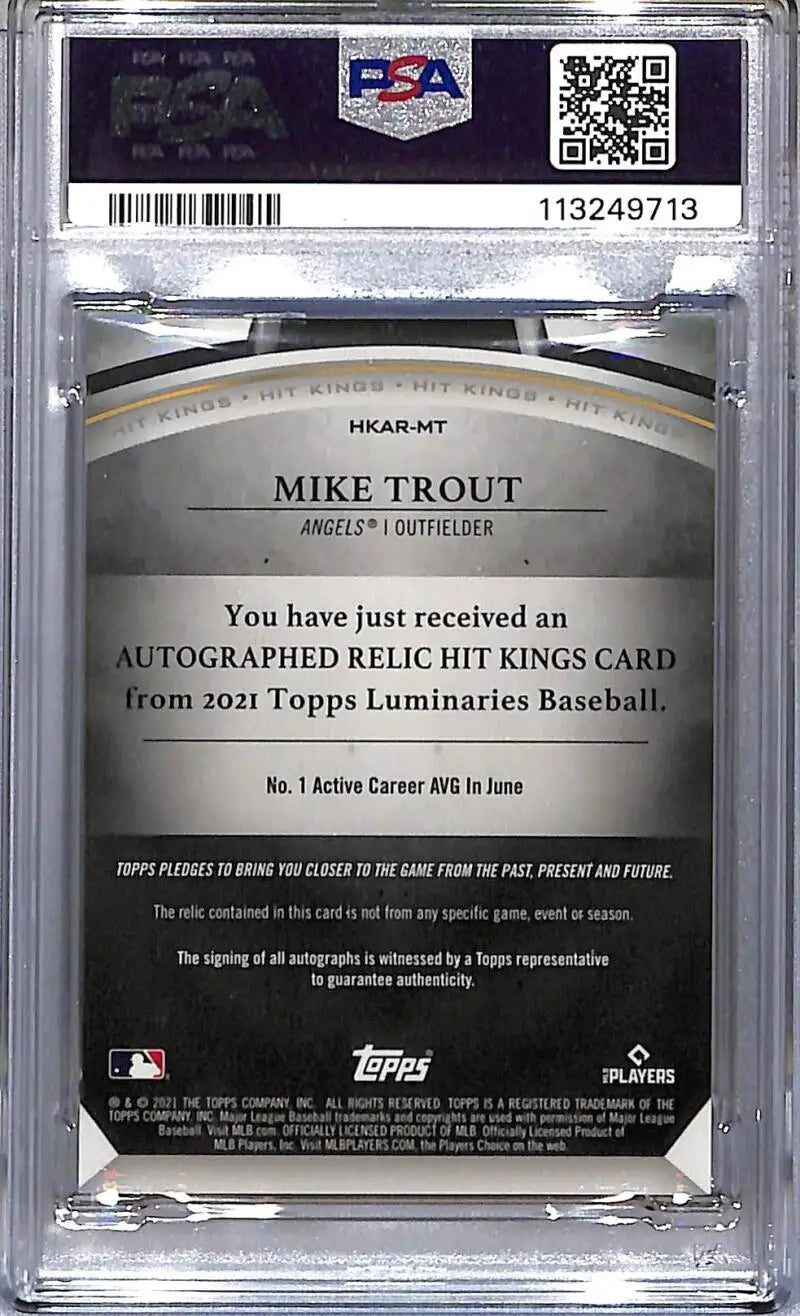 Graded Mike Trout California Angels baseball card from 2021 Topps Luminaries Hit Kings Purple series