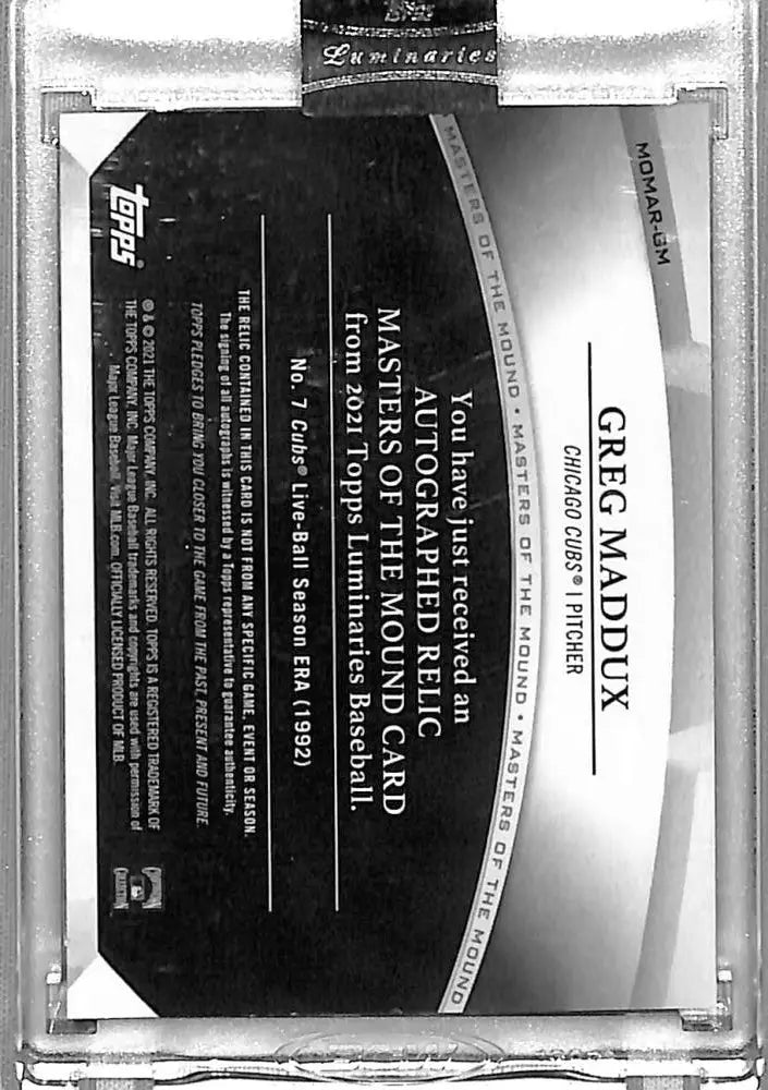 Black and silver award plaque for 2021 Topps Luminaries Greg Maddux Chicago Cubs Baseball Card