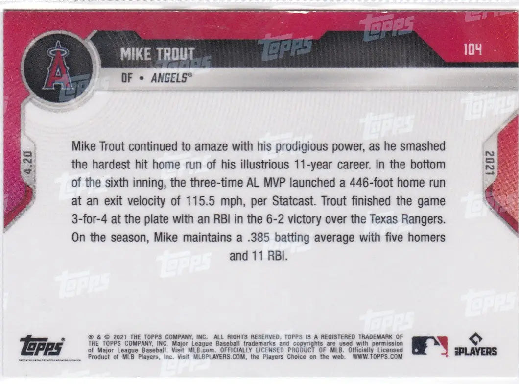 Back of 2021 Topps NOW Mike Trout Angels baseball card featuring player details