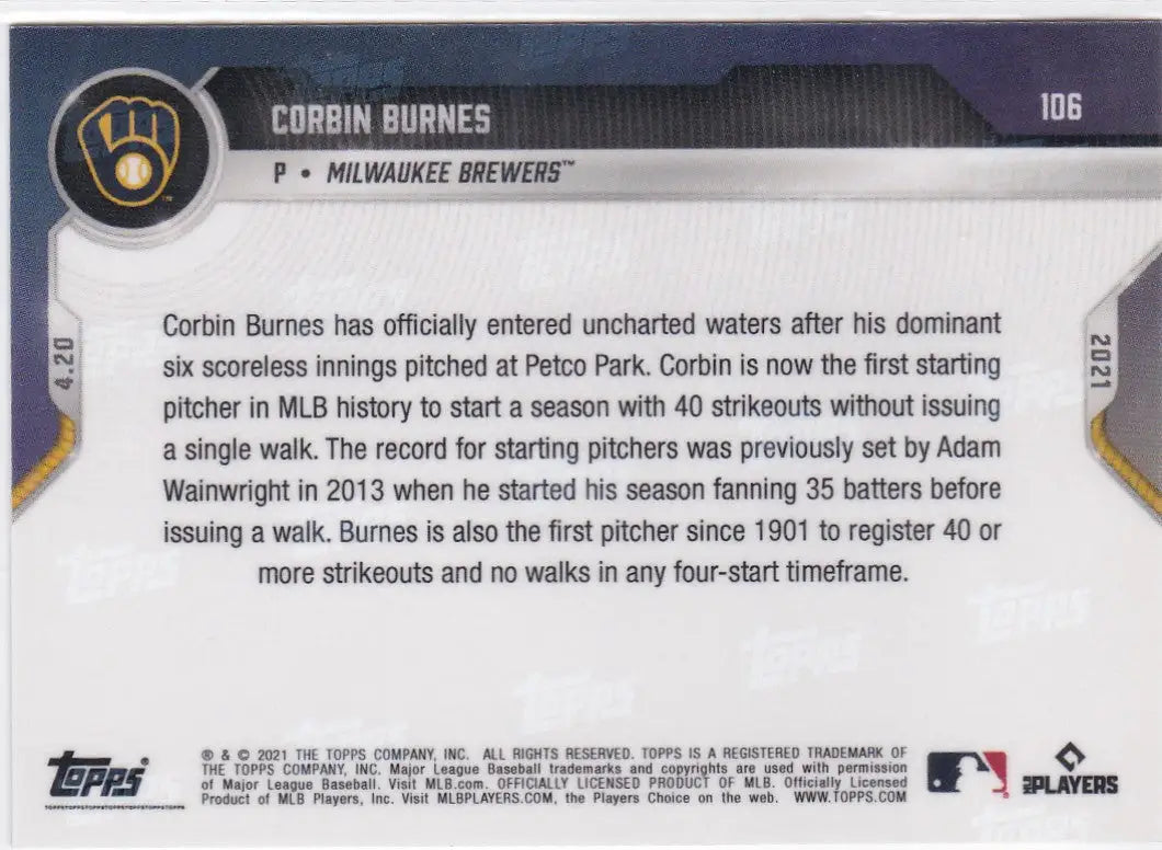 Back of 2021 Topps Now Corbin Burnes Milwaukee Brewers baseball card with stats