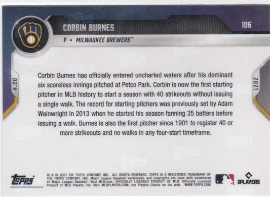 Back of 2021 Topps Now Corbin Burnes Milwaukee Brewers baseball card with stats