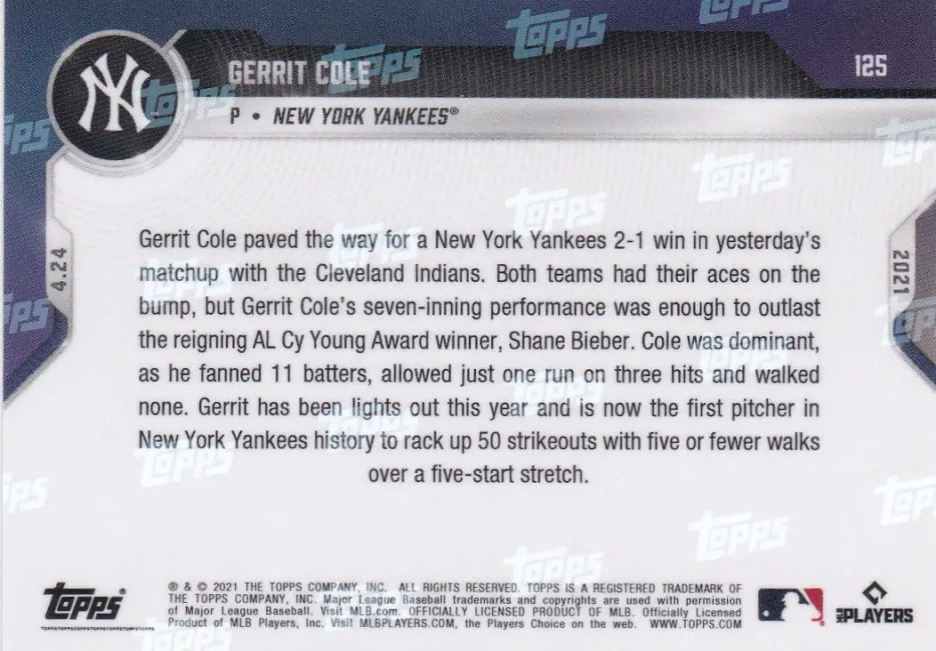 Gerrit Cole baseball card back from 2021 Topps Now for New York Yankees trading cards