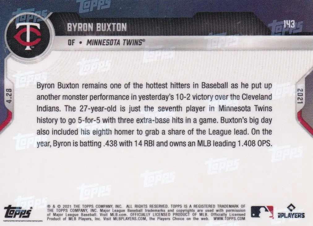 Back of 2021 TOPPS NOW Byron Buxton Minnesota Twins baseball card showing player details