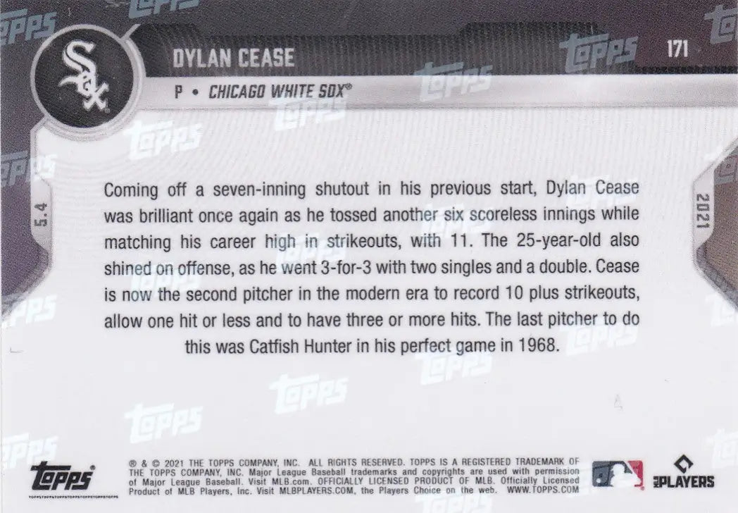 Dylan Cease baseball card from 2021 Topps Now featuring the Chicago White Sox