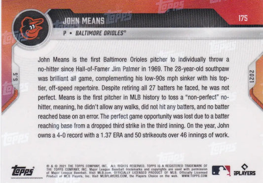 John Means Baltimore Orioles baseball card from 2021 Topps Now series