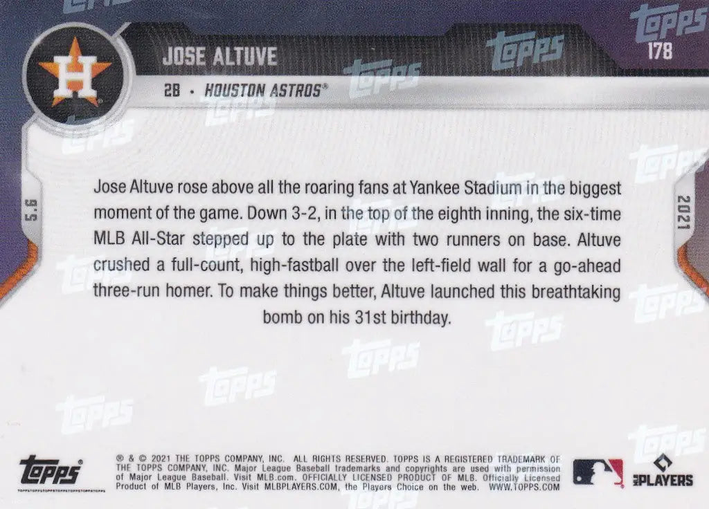 Jose Altuve baseball card back from 2021 Topps Now featuring Houston Astros player