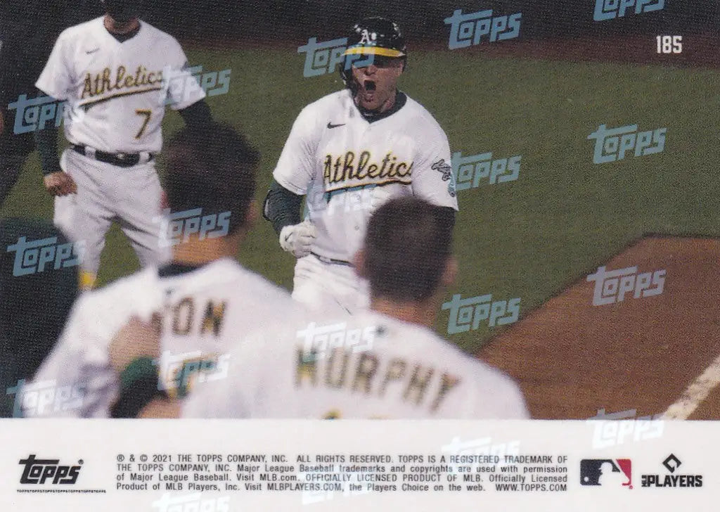 Baseball card of Seth Brown showcasing Oakland Athletics players in 2021 TOPPS NOW #185