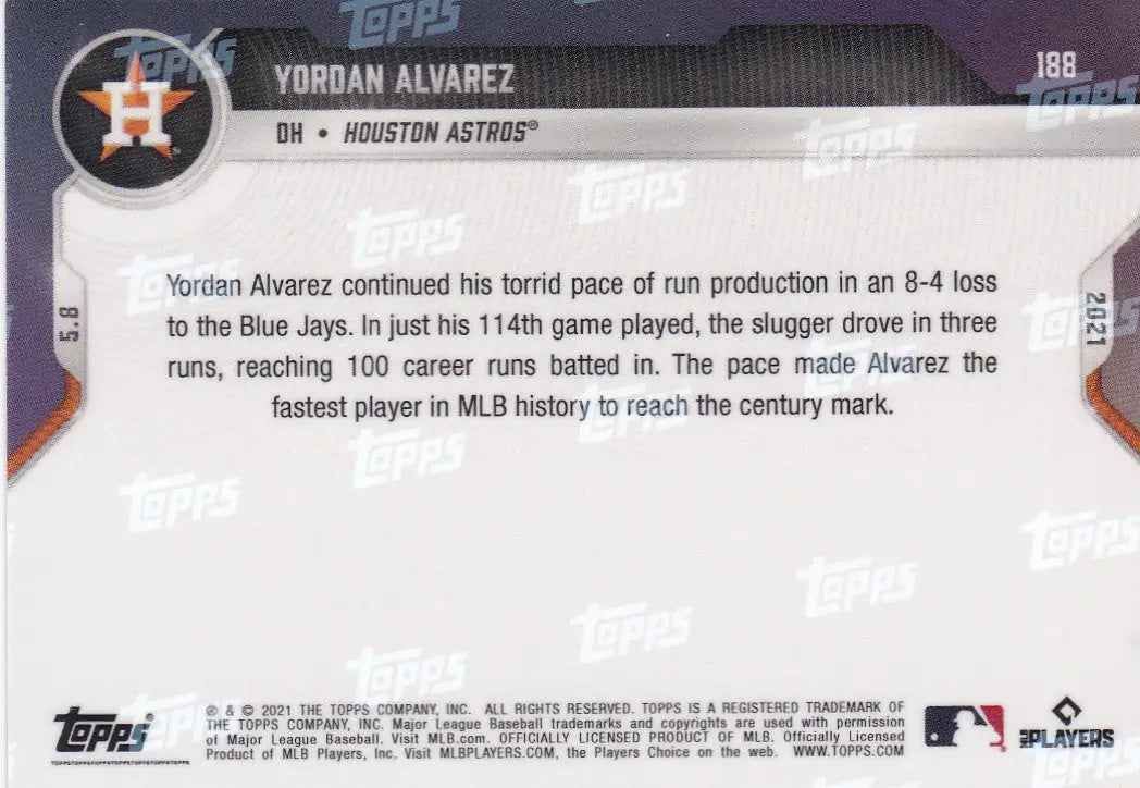 Yordan Alvarez baseball card from 2021 TOPPS NOW, Houston Astros collectible item
