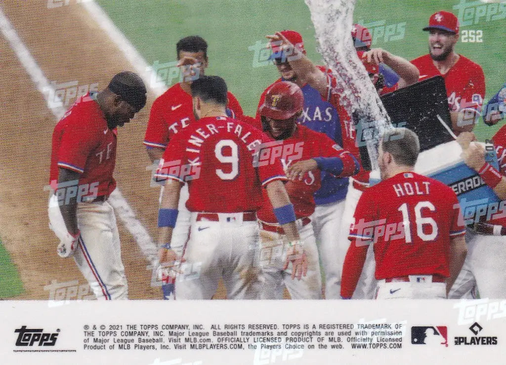 Texas Rangers celebrating victory with Adolis Garcia in 2021 TOPPS NOW #252 card