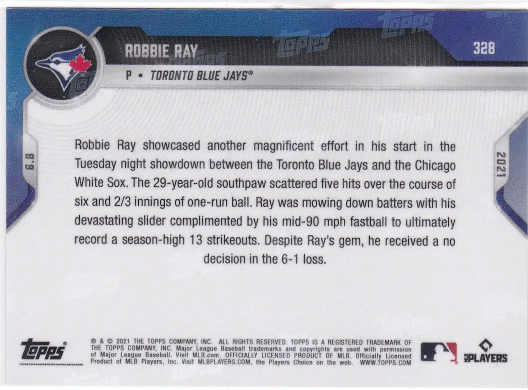 Robbie Ray baseball card from 2021 Topps Now featuring Toronto Blue Jays star player