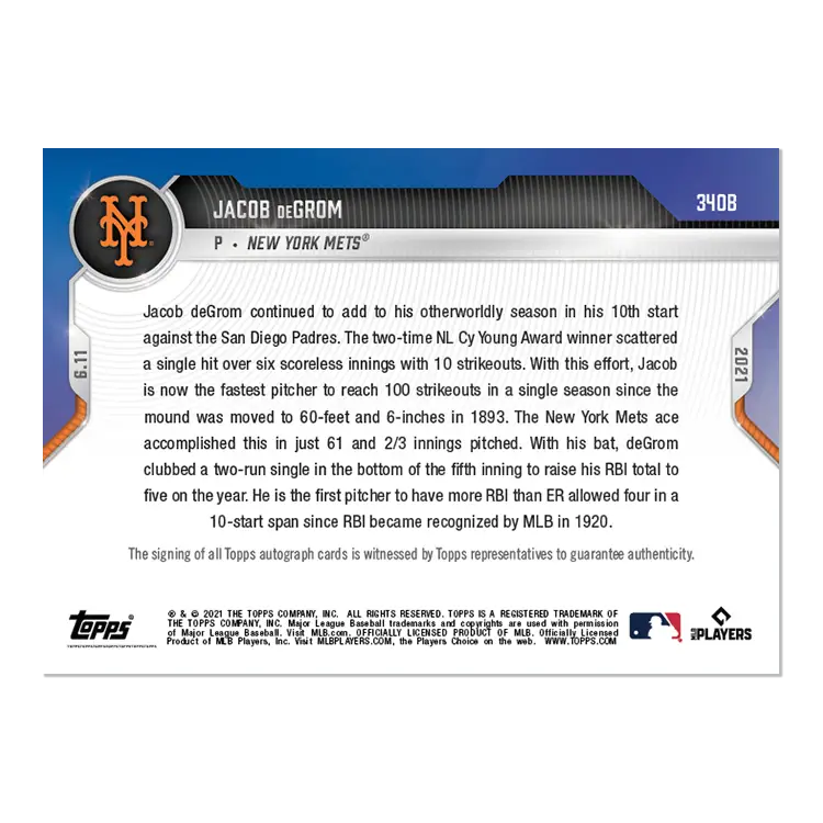 Baseball card of Jacob deGrom featuring stats, New York Mets Autograph, 340B Jacob deGrom