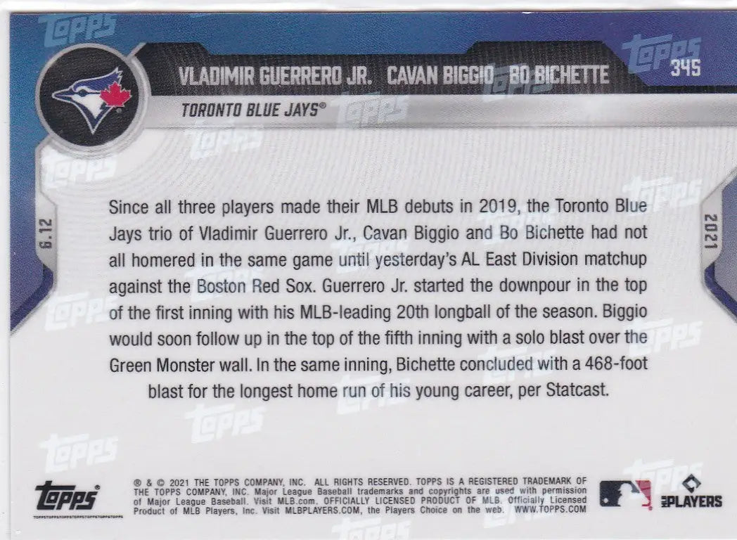 Back of 2021 TOPPS NOW #345 Vladimir Guerrero Jr. Toronto Blue Jays baseball card