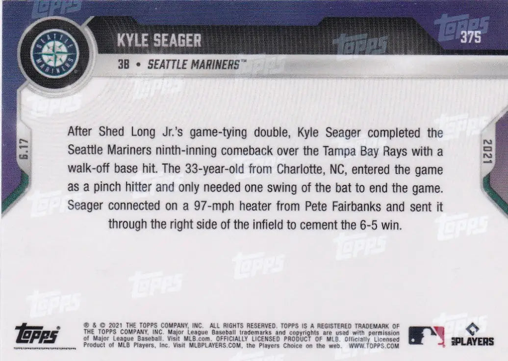Kyle Seager baseball card back from 2021 TOPPS NOW for Seattle Mariners collector