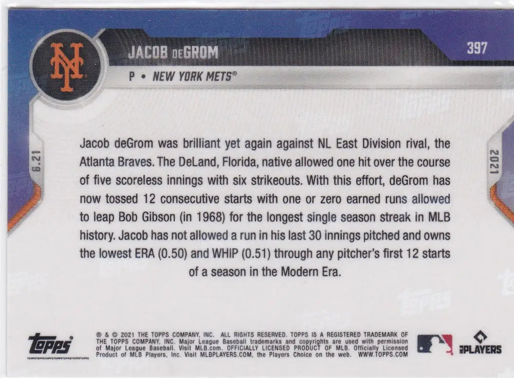 Back of 2021 TOPPS NOW #397 Jacob deGrom trading card for YOTK Mets fans