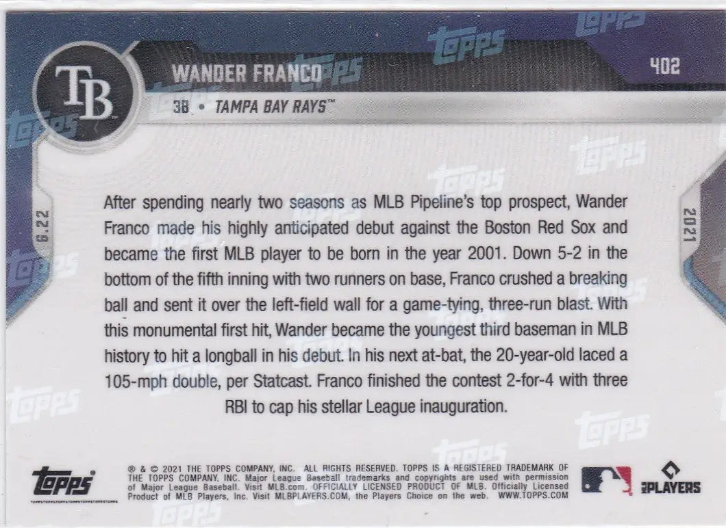 Baseball card back of 2021 Topps Now #402 Wander Franco for Tampa Bay Rays