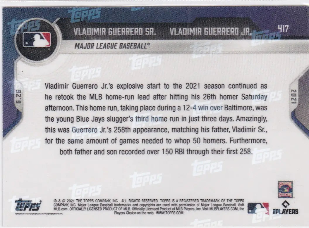 Back of 2021 TOPPS NOW #417 Vladimir Guerrero Jr. MLB baseball card