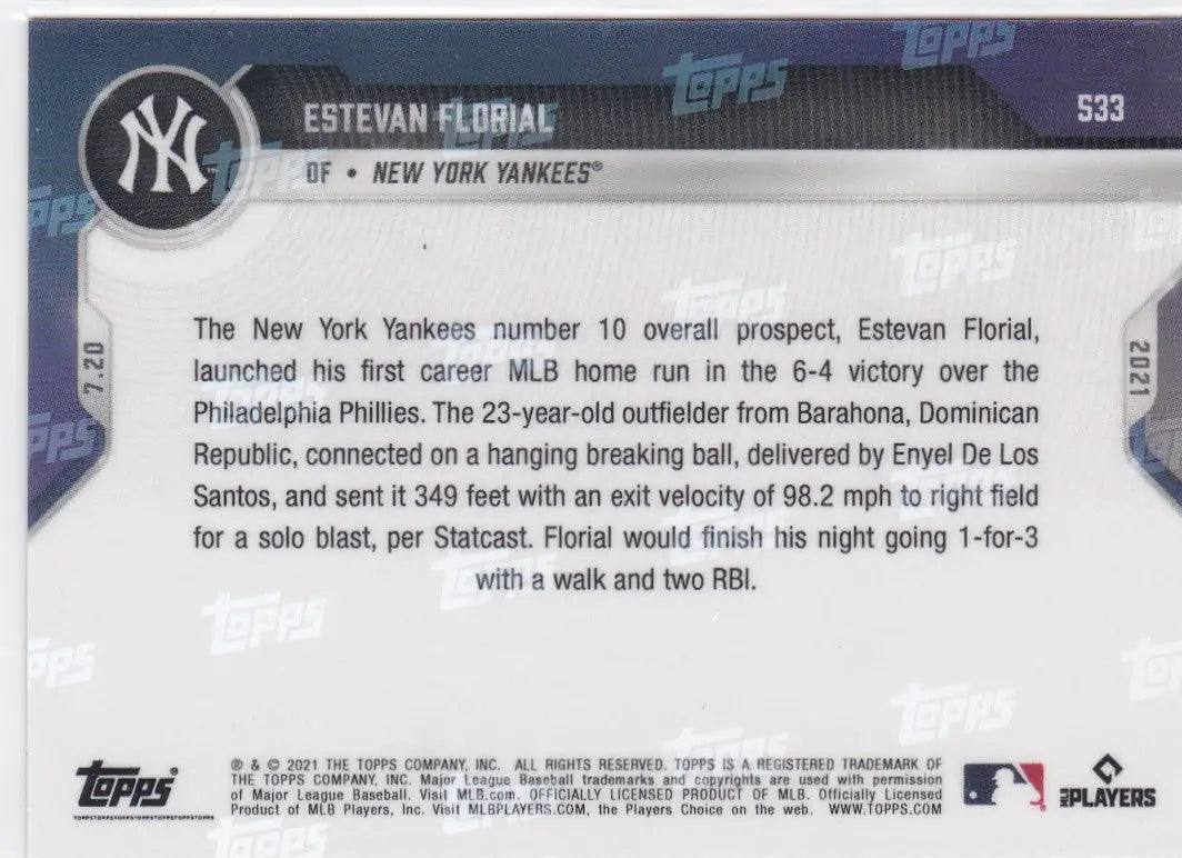 Baseball card back of 2021 Topps Now #533 Estevan Florial, New York Yankees trading card
