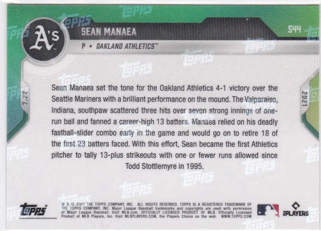 Sean Manaea baseball card back from 2021 Topps Now featuring Oakland Athletics details
