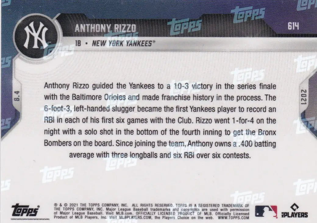 Anthony Rizzo baseball card back for 2021 Topps Now #614 New York Yankees collectible