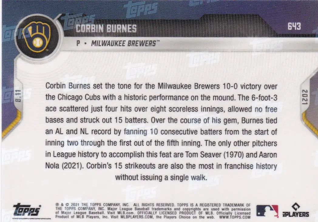 Corbin Burnes baseball card from 2021 Topps Now, showcasing the Milwaukee Brewers star