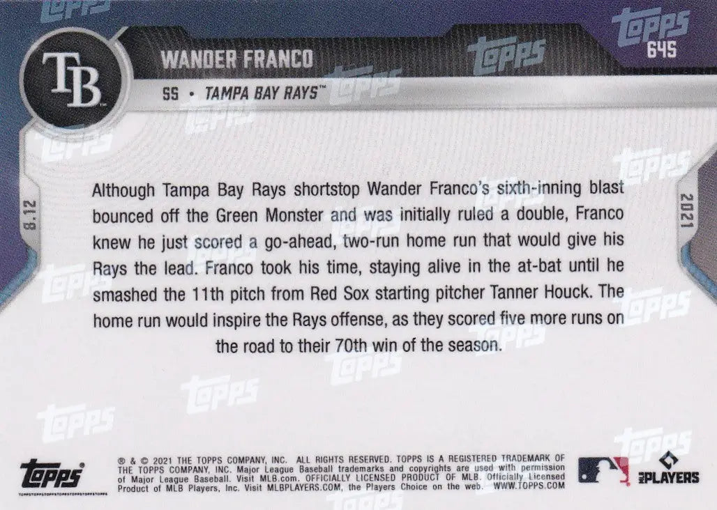 Wander Franco baseball card back from 2021 TOPPS NOW Tampa Bay Rays collectible