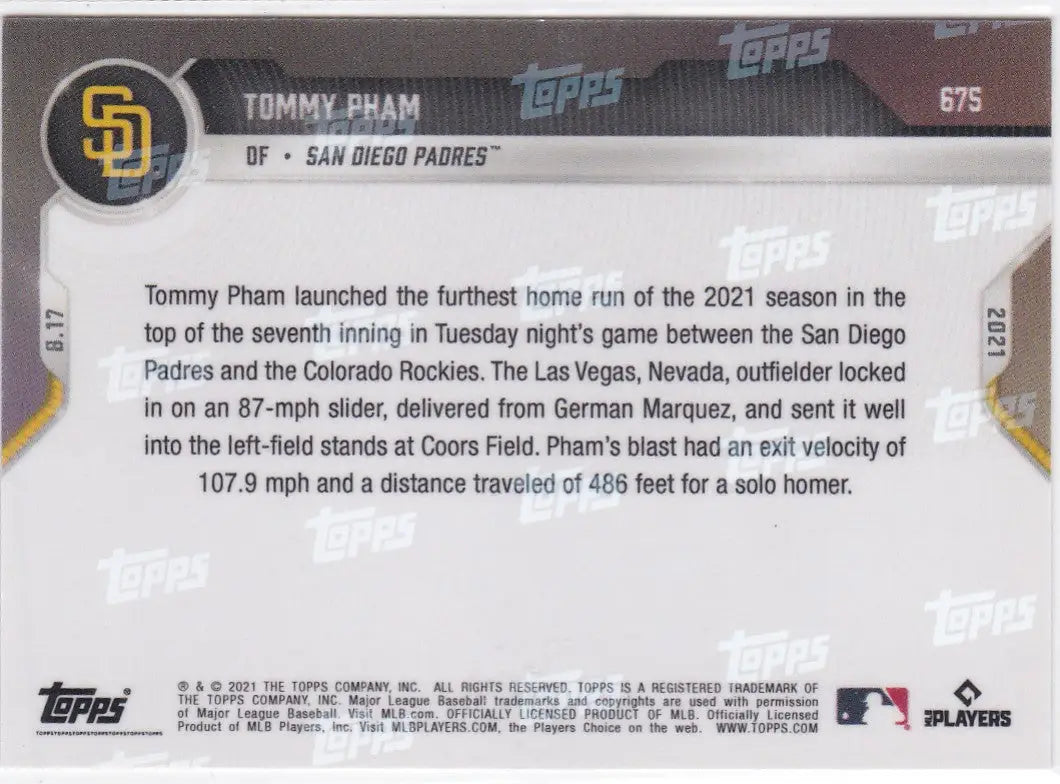 Baseball card back of 2021 Topps Now #675 Tommy Pham from San Diego Padres