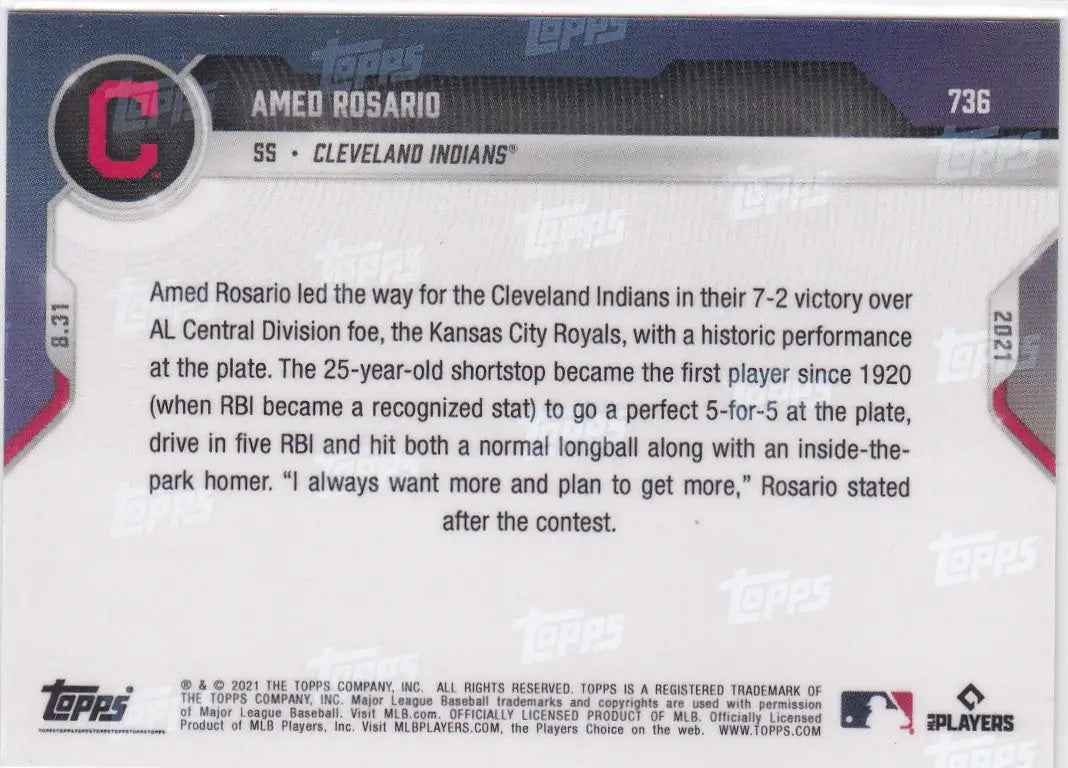 Amed Rosario baseball card from 2021 TOPPS NOW featuring Rosario- Cleveland Indians player