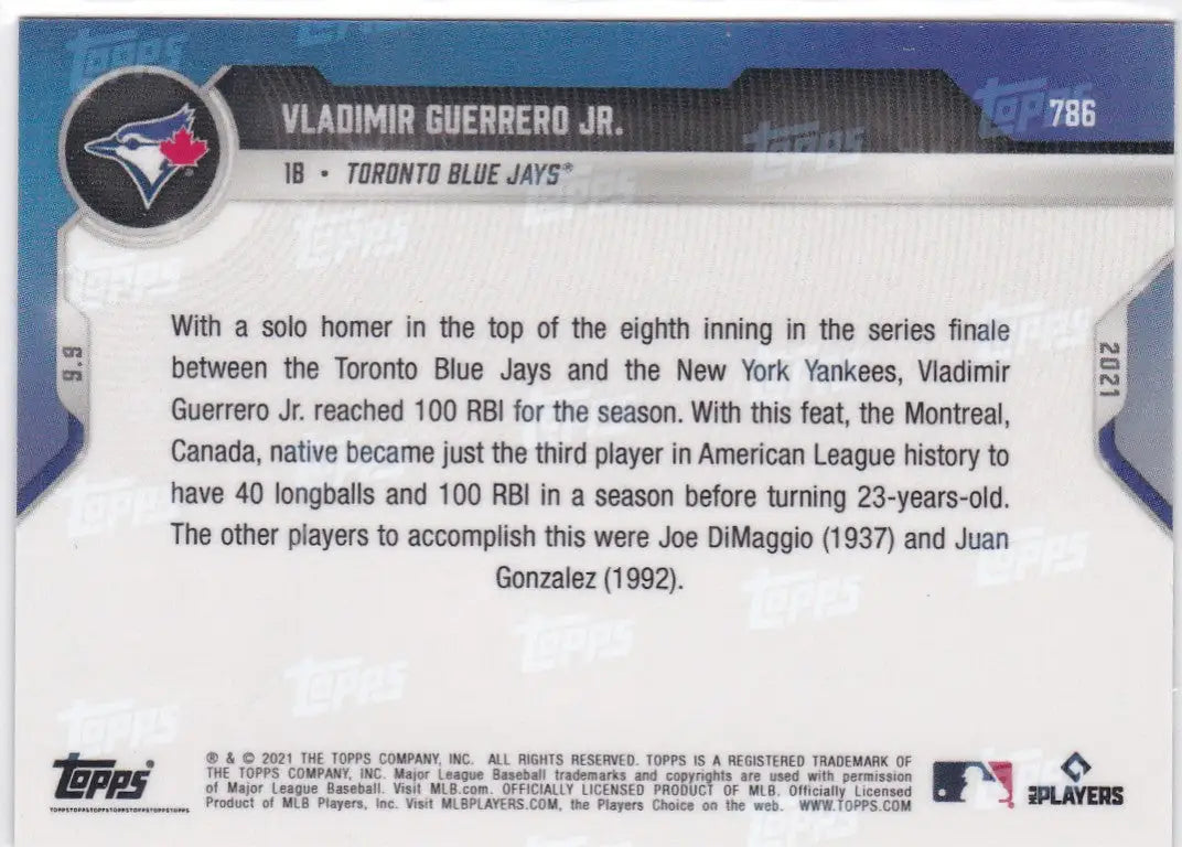 Baseball card back featuring Vladimir Guerrero Jr. from Toronto Blue Jays 2021 TOPPS NOW