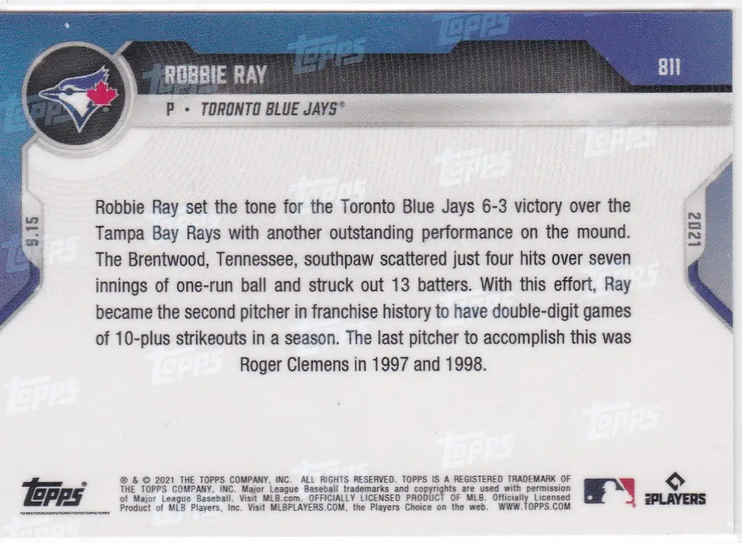 Baseball card back showing details for 2021 TOPPS NOW Robbie Ray Toronto Blue Jays