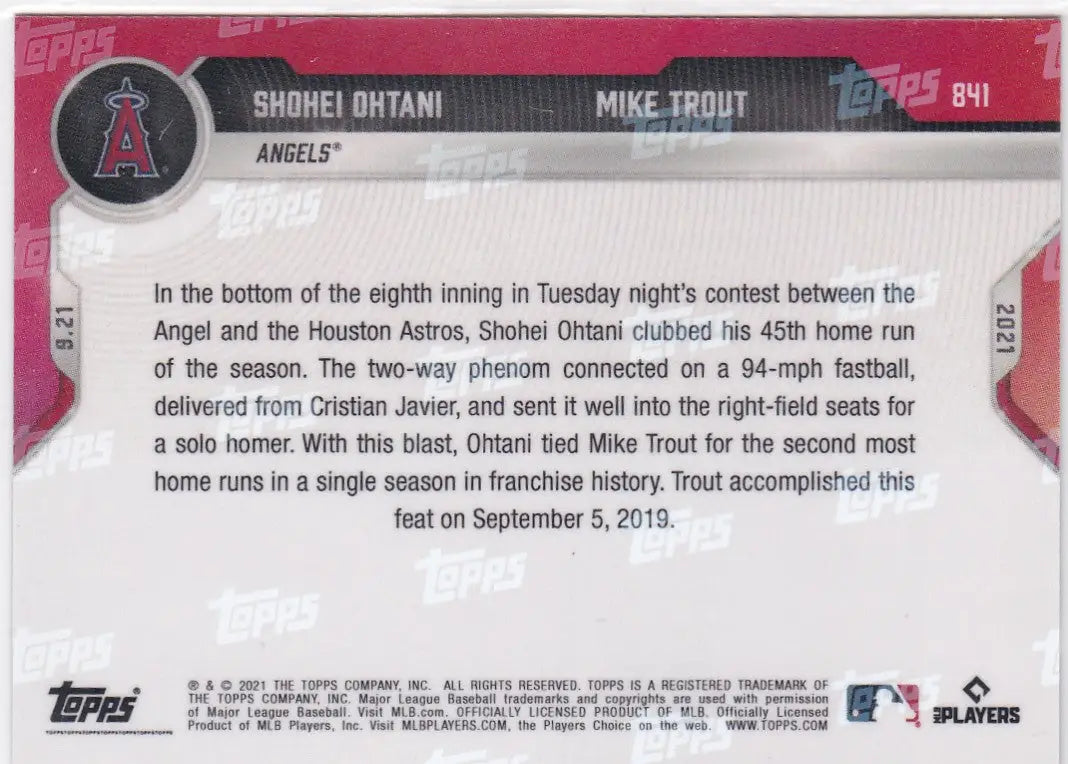 Baseball card of Shohei Ohtani- Angels and Mike Trout from 2021 TOPPS NOW #841