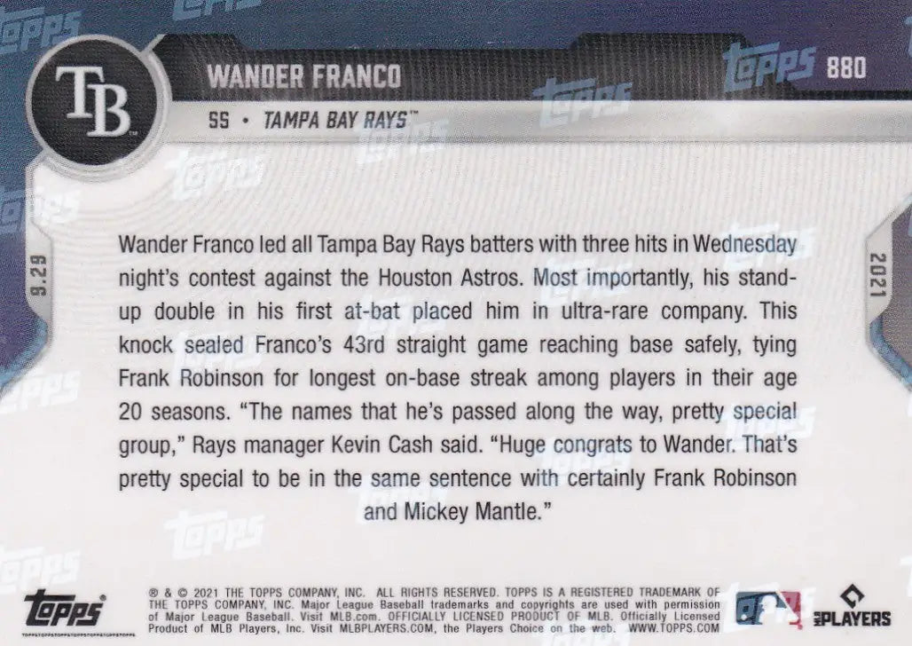 Wander Franco baseball card from 2021 Topps Now Tampa Bay Rays collection