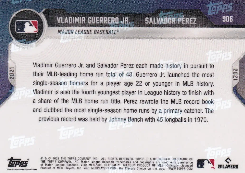 Baseball card back for 2021 TOPPS NOW #906 Vladimir Guerrero Jr MLB with state taxes info